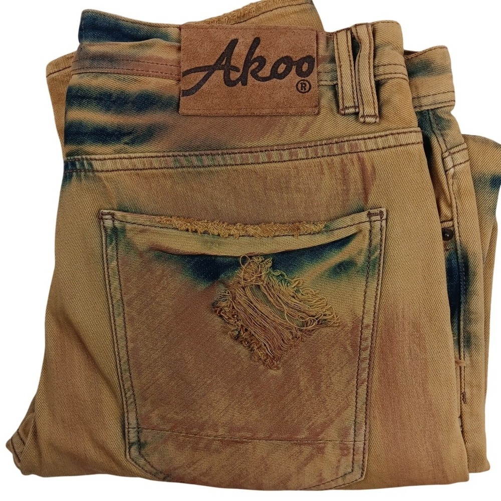 Akoo‎ Jeans Mens 38X34 Brown Tie Dye Distressed Studded Big Oak Fit Studded Y2K - Picture 2 of 15